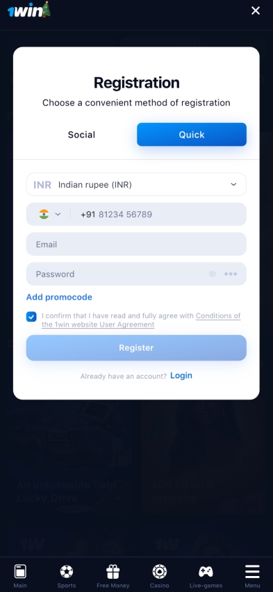 1win registration page
